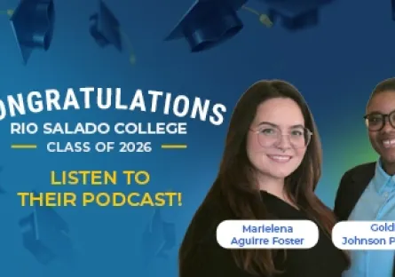 Graphic featuring Rio Salado College Class of 2026 graduates Marielena Aguirre Foster and Goldie Johnson Pompey with the text, “Congratulations Rio Salado College Class of 2026 – Listen to Their Podcast!” against a blue background with graduation caps.