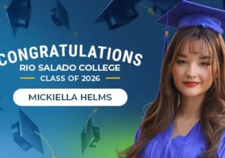 A graduate in a blue cap and gown poses beside text that reads “Congratulations Rio Salado College Class of 2026” and features the name Mickiella Helms.
