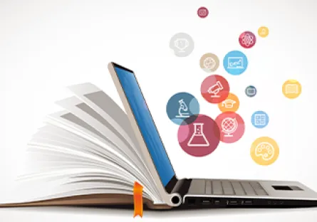 An open book transforms into a laptop computer, surrounded by colorful education and technology icons representing online learning, science, and digital skills.