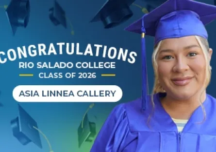 A graduate in a blue cap and gown smiles beside text that reads “Congratulations Rio Salado College Class of 2026” and features the name Asia Linnea Callery.