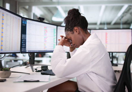Woman stressed in an office working on computers