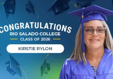 Portrait of Kirstie Rylon smiling and wearing a blue graduation cap and gown, with text reading “Congratulations Rio Salado College Class of 2026.”