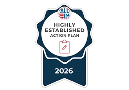 ALL IN Campus Democracy Challenge badge recognizing a 2026 Highly Established Action Plan for nonpartisan democratic engagement and campus action planning.