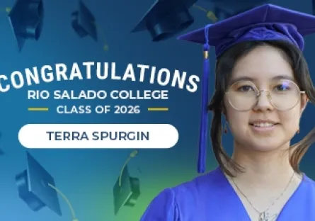 Portrait of Terra Spurgin smiling and wearing a blue graduation cap and gown, with text reading “Congratulations Rio Salado College Class of 2026.”