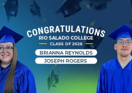 Portraits of Brianna Reynolds and Joseph Rogers wearing blue graduation caps and gowns, with text reading “Congratulations Rio Salado College Class of 2026.”