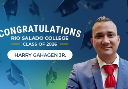 Portrait of Harry Gahagen Jr. smiling in a blue suit and red tie, with text reading “Congratulations Rio Salado College Class of 2026.”