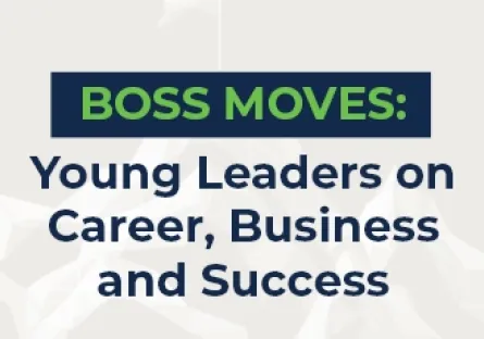 Graphic with the title “Boss Moves: Young Leaders on Career, Business and Success” on a light background.
