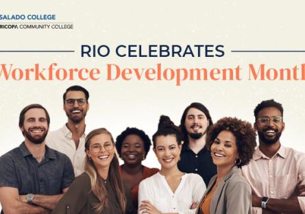 photo of a group of diverse workers with text Rio Celebrates Workforce Development Month