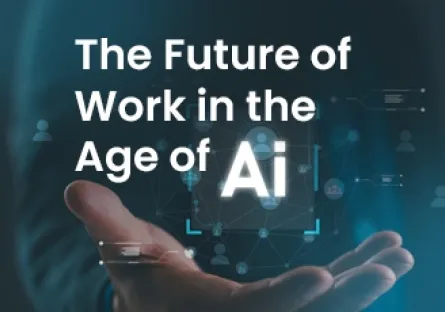 Graphic with the text “The Future of Work in the Age of AI” displayed above an outstretched hand holding a glowing AI interface on a dark blue background.