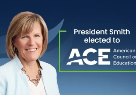 **Alt text:** Portrait of Rio Salado College President Dr. Kate Smith smiling, with text reading “President Smith elected to ACE American Council on Education.”
