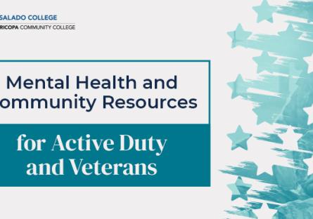 illustration of teal stripes and stars with text: Mental Health and Community Resources for Active Duty and Veterans