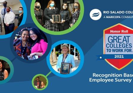 Happy Rio Salado employee photos keyed into connected circles. Rio Salado and Great Colleges to Work For 2021 Honor Roll logos. 