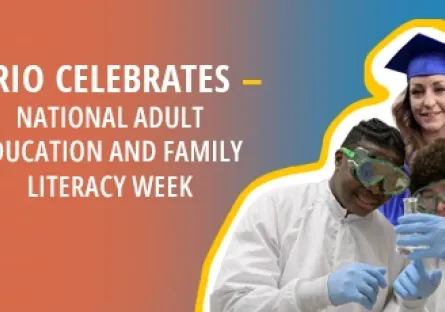 Graphic reading “Rio Celebrates National Adult Education and Family Literacy Week,” alongside three students, including a graduate in a blue cap and gown and two students wearing safety goggles and conducting a science experiment.