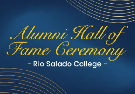 Graphic for the Rio Salado College Alumni Hall of Fame Ceremony featuring gold text on a dark blue background with decorative gold wave lines.
