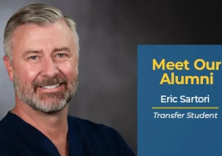 Rio Salado College alumni spotlight graphic featuring Eric Sartori, a smiling man with short gray hair and a beard wearing a navy blue shirt. A blue panel with gold and white text reads, "Meet Our Alumni, Eric Sartori, Transfer Student."