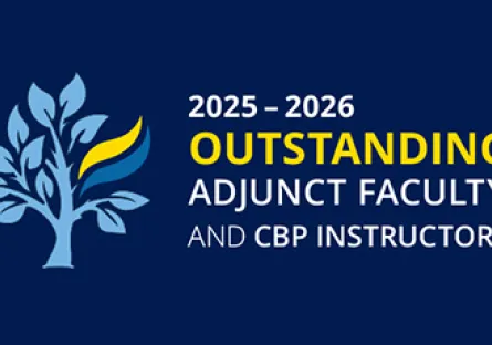 Dark navy blue graphic featuring a stylized tree with light blue leaves and a yellow accent. White and yellow text reads, "2025–2026 Outstanding Adjunct Faculty and CBP Instructors."