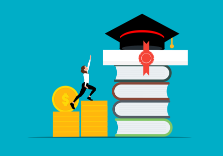 Woman using stacks of gold coins as steps to climb toward a stack of books crowned with a graduate's cap she's reaching out for