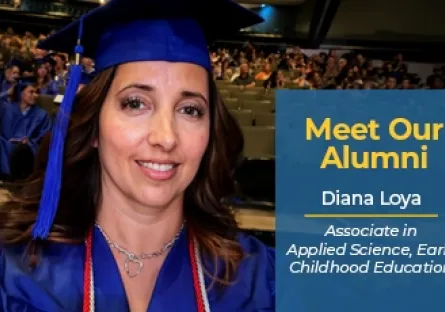 Rio Salado College alumna Diana Loya smiles while wearing a blue graduation cap and gown with honor cords at a commencement ceremony. Graduates and audience members are visible in the background. A blue overlay reads, "Meet Our Alumni, Diana Loya, Associate in Applied Science, Early Childhood Education."
