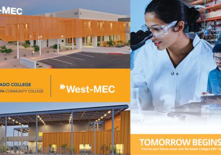 Exterior view of West-Mec locations. Rio Salado and West-Mec logos. Images of medical tech, welder and other workers. 