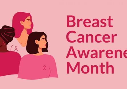 Illustration of three diverse women in pink. Text: Breast Cancer Awareness Month