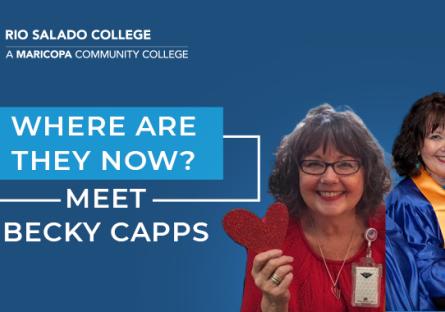 two photos of Rio Salado College alumna Becky Capps, one in a graduation cap and gown