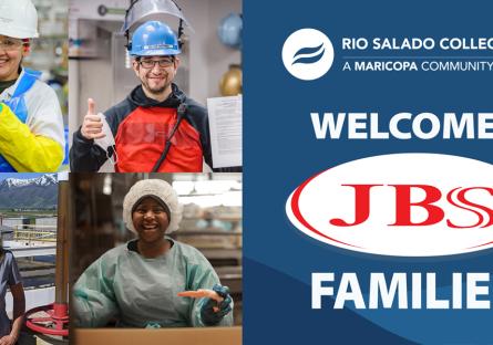 Collage of JBS employees at work smiling at camera. Text: Rio Salado College Welcomes JBS Families
