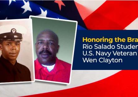 photos of Rio Salado College Veteran student Wen Clayton. Text: Honoring the Brave: Rio Salado Student and U.S. Navy Veteran Wen