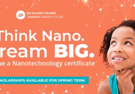photo of a child looking up. Text: Think Nano. Dream Big. Pursue a Nanotechnology certificate. scholarships available for spring