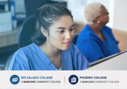 photo of a medical assisting student looking at a computer. Rio Salado College and Phoenix college logos.