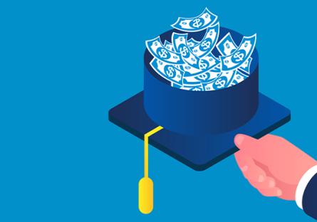 Illustration of graduation cap full of money, scholarship or loan, concept of tuition