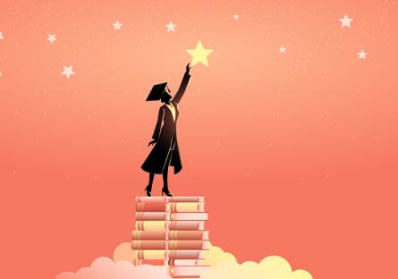 Concept illustration of a woman in graduation toga reach out for the stars by using books as the platform. Education concept.