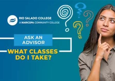 photo of a woman thinking with question marks around her head. Text: Ask An Advisor: What classes do I take?