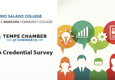 graphic of icons, business team working together, each expert. Rio Salado College logo with text: Micro Credentials Survey