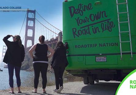 photo of 3 Rio Salado College students standing next to a RV looking at the Golden Gate Bridge. Text: Roadtrip Nation