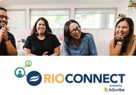 group of students laughing and talking in a circle with RioConnect logo