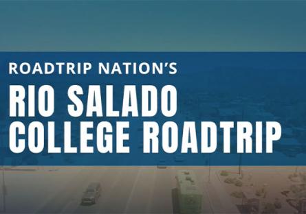 Roadtrip Nation's Rio Salado College Roadtrip in white text over background of green RV in a desert landscape