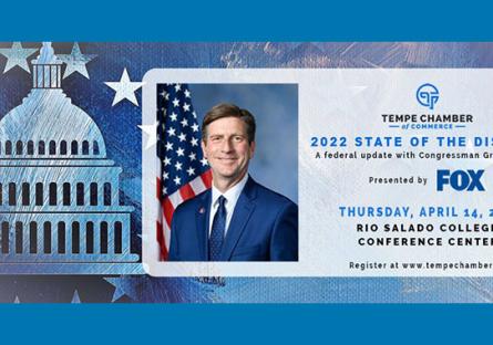 photo of Congressman Stanton in front of a illustration of the capitol building. Text: 2022 State of the District, April 14