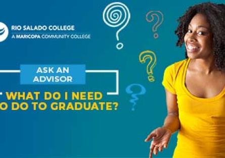 photo of a woman thinking with question marks around her head. Text: Ask An Advisor: What Do I Need To Do To Graduate?