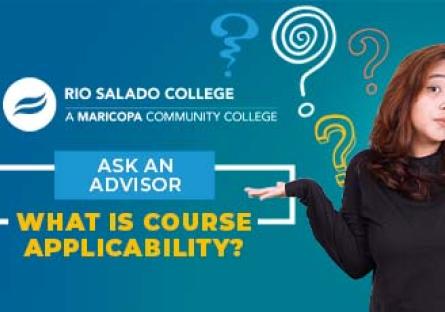 image of a girl shrugging with question marks around her head. Text: Ask an Advisor, what is course applicability?