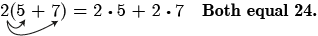 The product of two and the expression, five plus seven, is equal to the sum of the products of two and five, and two and seven. The distributive property is shown by the arrows from two to each term of the expression five plus seven in the product. A comment 'Both equal twenty four' is written on the right side of the equation.