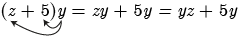 The product of the expression z plus five, and y, is equal to zy plus five y which is further rewritten as yz plus five y. The distributive property is shown by the arrows from the y to each term of the expression z plus five in the product.