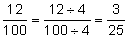 12 over 100 equals to 12 divided by 4 over 100 divided by 4 equals to 3 over 25