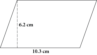 A parallelogram with base 10.3cm and height 6.2cm