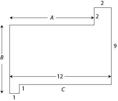 A polygon with eight sides. It is not an octagon, but can be visualized as one large rectangle with two smaller rectangles connected to it.  The height and width are measured and labeled with variables, A, B, and C.