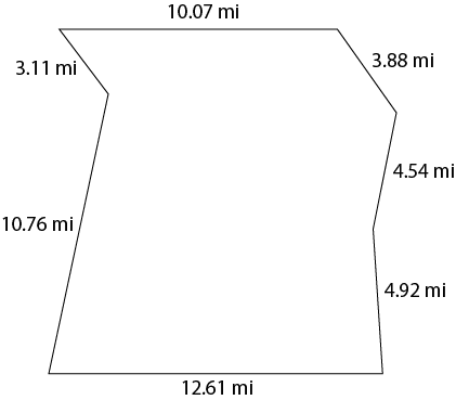 A seven-sided polygon with sides of the following lengths: 10.07mi, 3.88mi, 4.54mi, 4.92mi, 12.61, 10.76mi, and 3.11mi.