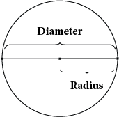 A circle with a line directly through the middle, ending at the edges of the shape. The entire length of the line is labeled diameter, and the length of the portion of the line from the center of the circle to the edge of the circle is labeled radius.