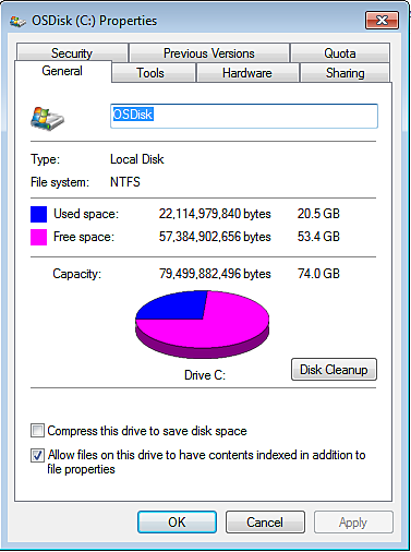 Screen shot of Drive C: properties with pie chart showing 20.5 GB of used space and 53.4 GB of free space