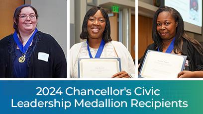 Photo collage of Saffron, Tara and Shaniqua with text "2024 Chancellor's Civic Leadership Medallion Recipients"
